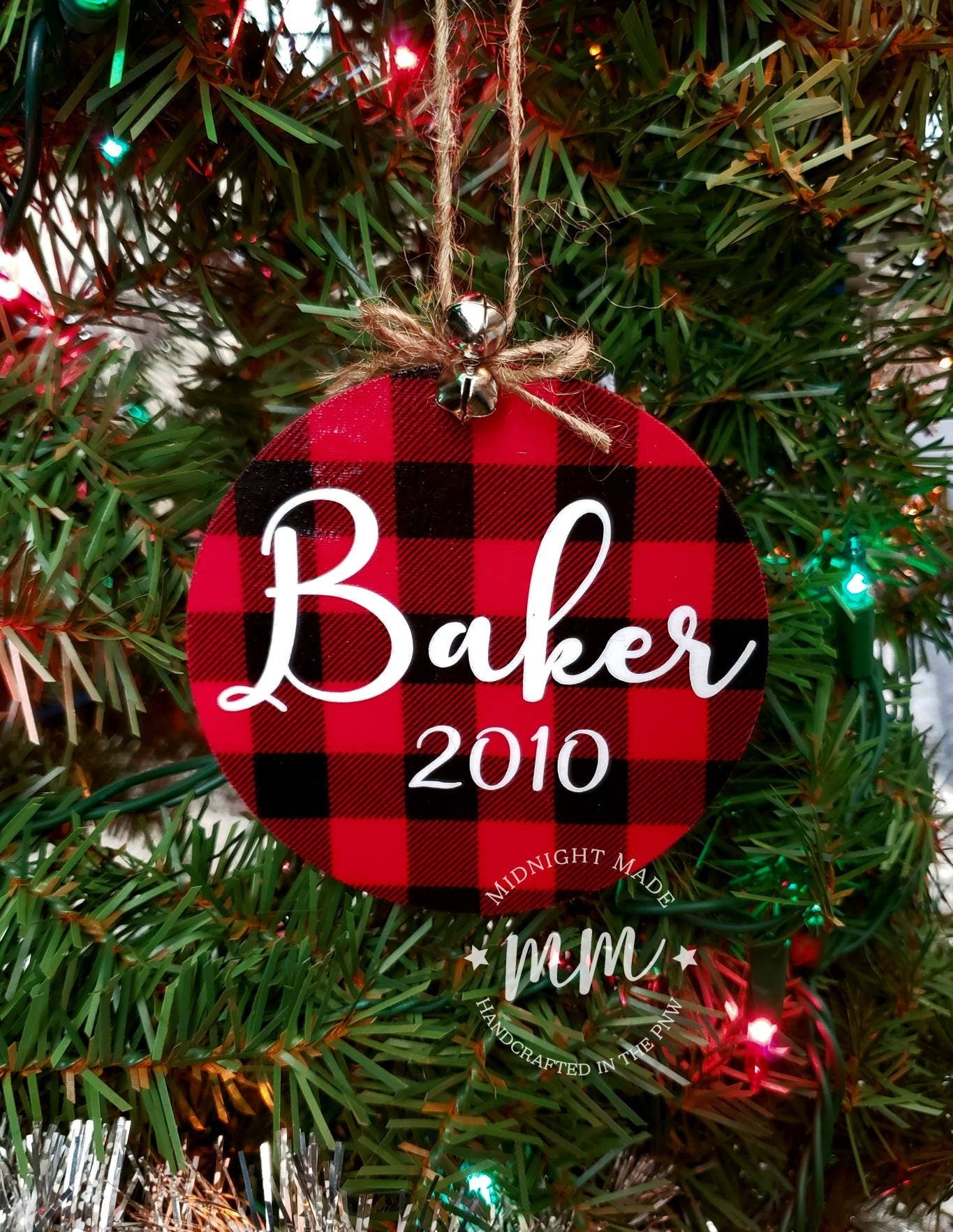 Personalized custom Family, Paw Print, Dog, Cat, Pet family ornament buffalo plaid Wood Christmas tree ornament Midnight Made