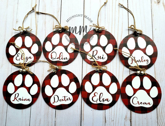 Personalized custom Family, Paw Print, Dog, Cat, Pet family ornament buffalo plaid Wood Christmas tree ornament Midnight Made