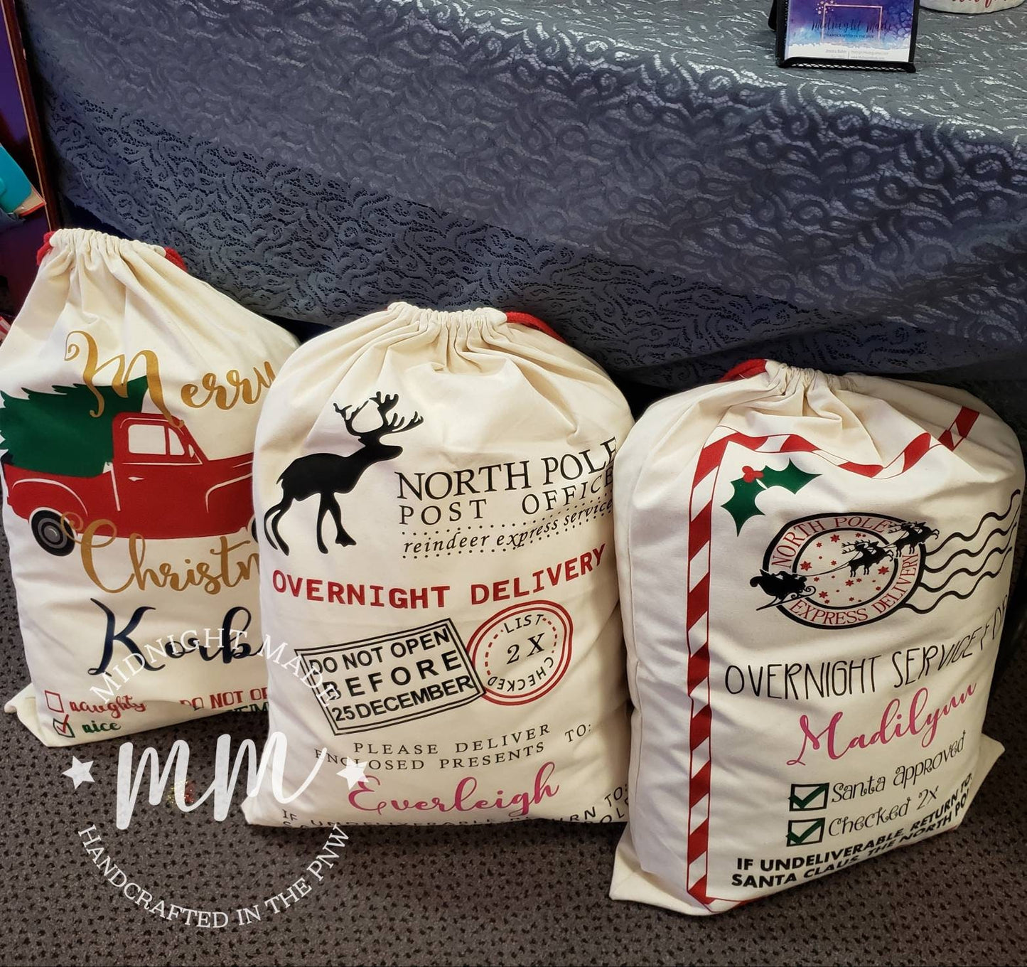 Personalized Canvas Santa Bag, Santa sack, Santa gift bag, nice list, Christmas secret santa, red truck north pole Midnight Made