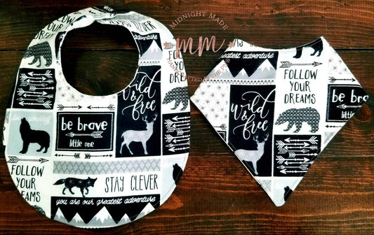 Waterproof reversible baby bib, bib bandana, toddler children's Bib. Stay Wild. Be Brave. Midnight Made