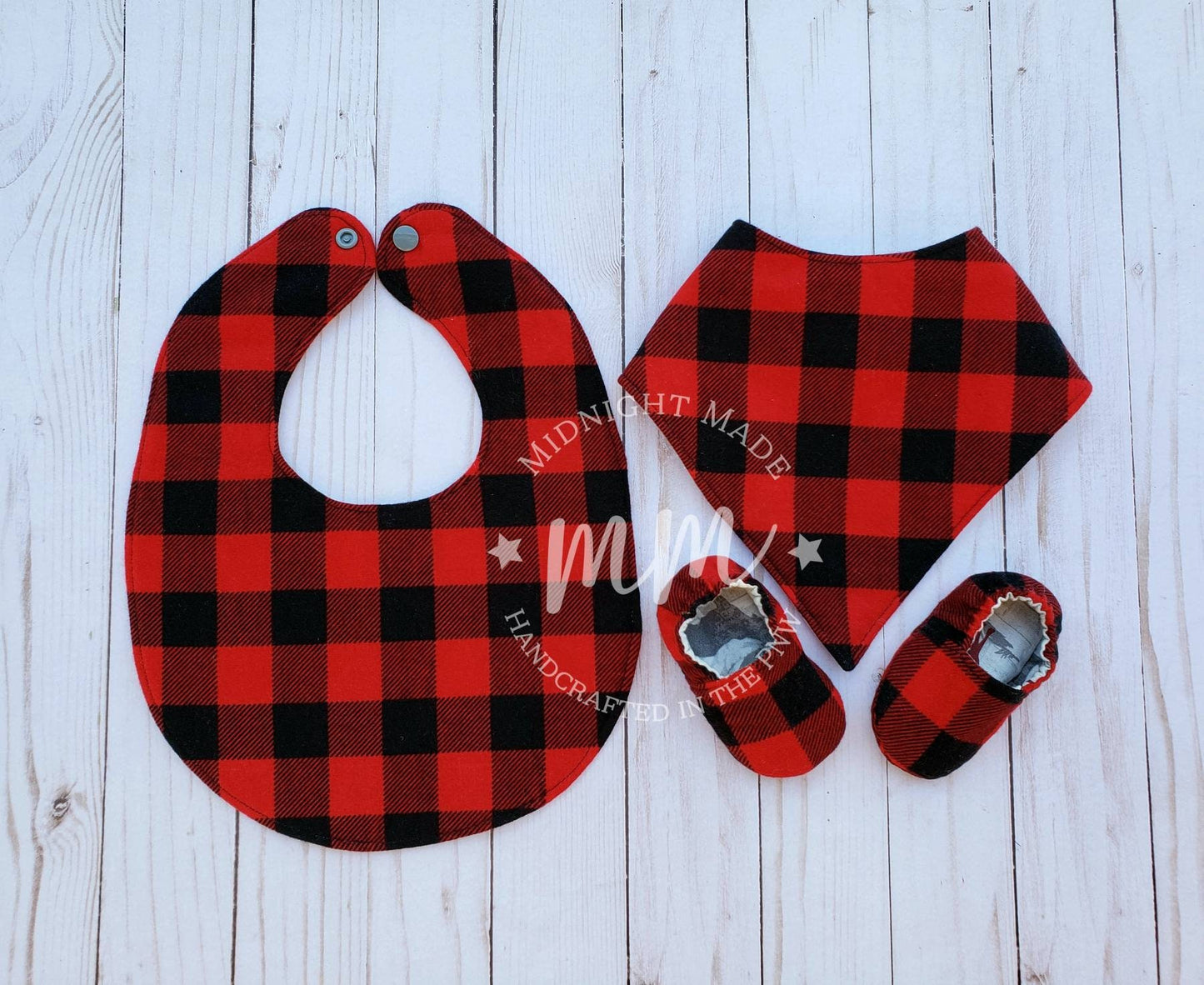 Woodland animal, buffalo plaid, nature, reversible baby set, baby bib, bib bandana, baby shoes baby mocs, toddler children's. Midnight Made