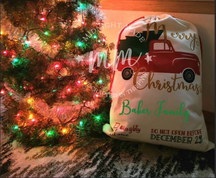 Personalized Canvas Santa Bag, Santa sack, Santa gift bag, nice naughty list, secret santa, red truck Christmas north pole Midnight Made