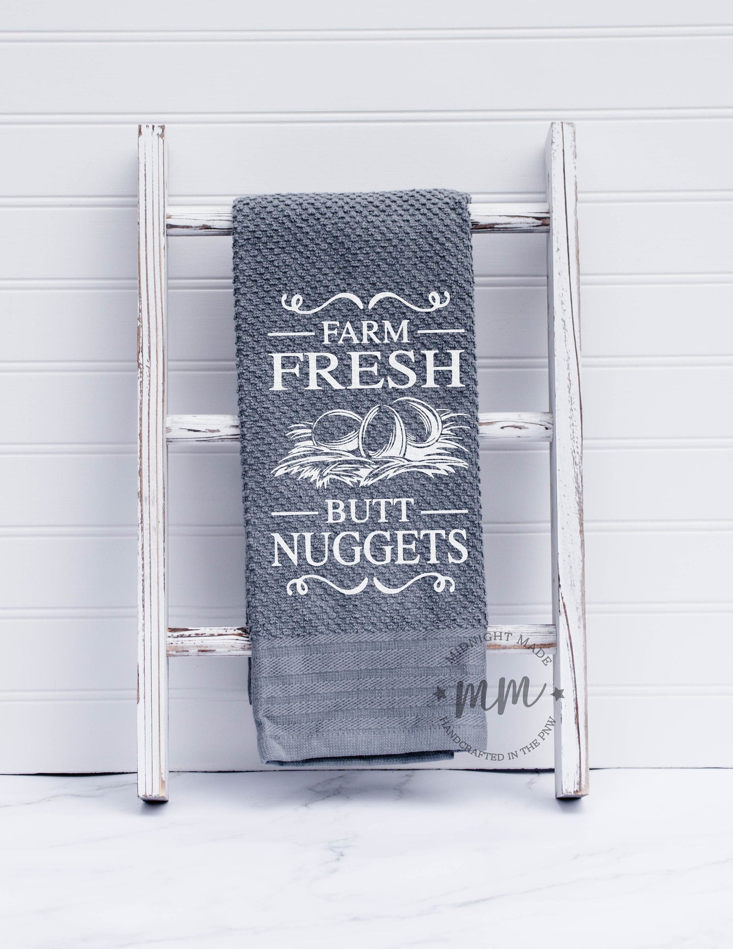 Farm fresh butt nuggets, chicken egg towel, kitchen towel, funny novelty farmhouse gift towel, chicken decor towel Midnight Made