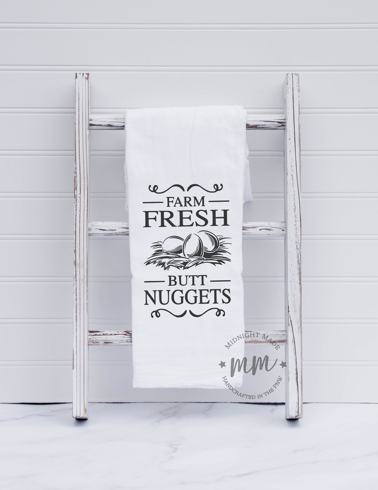 Farm fresh butt nuggets, chicken egg towel, funny kitchen towel gift, novelty towel farmhouse gift towel, chicken decor towel Midnight Made