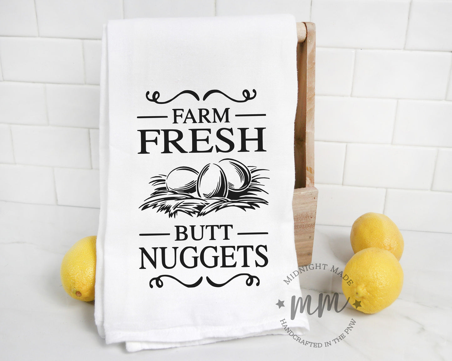 Farm fresh butt nuggets, chicken egg towel, kitchen towel, funny towel, novelty towel farmhouse towel, chicken decor towel Midnight Made