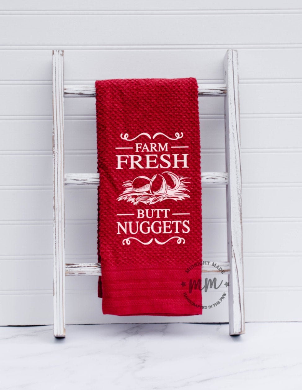 Farm fresh butt nuggets, chicken egg towel, kitchen towel, funny towel, novelty towel farmhouse towel, chicken decor towel Midnight Made