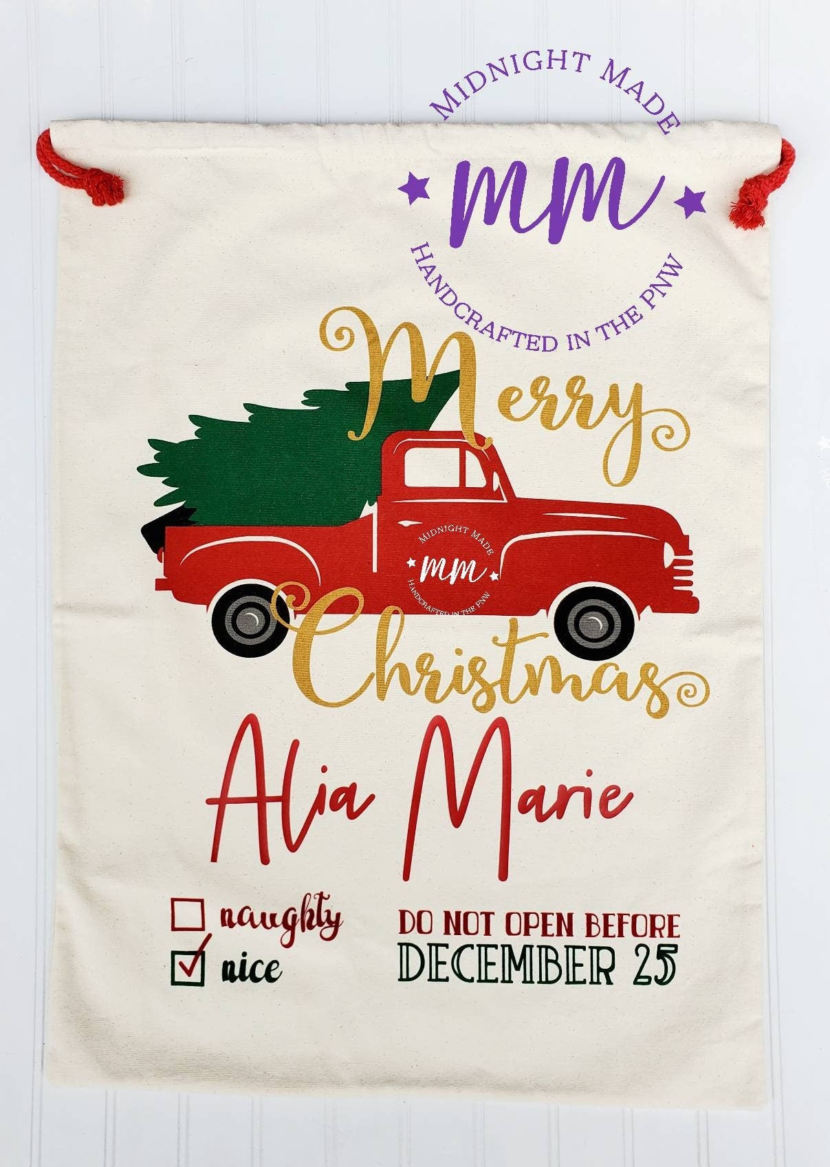 Personalized Canvas Santa Bag, Santa sack, Santa gift bag, nice naughty list, secret santa, red truck Christmas north pole Midnight Made