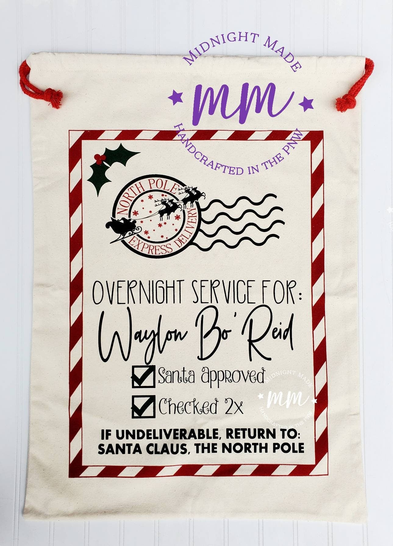 Personalized Canvas Santa Bag, Santa sack, Santa gift bag, nice list, Christmas secret santa, red truck north pole Midnight Made