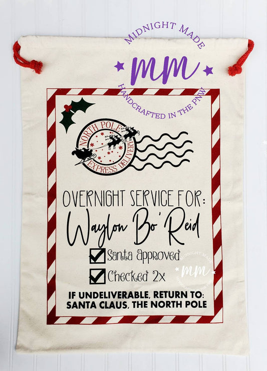 Personalized Canvas Santa Bag, Santa sack, Santa gift bag, nice list, naughty list, secret santa, red truck north pole Midnight Made