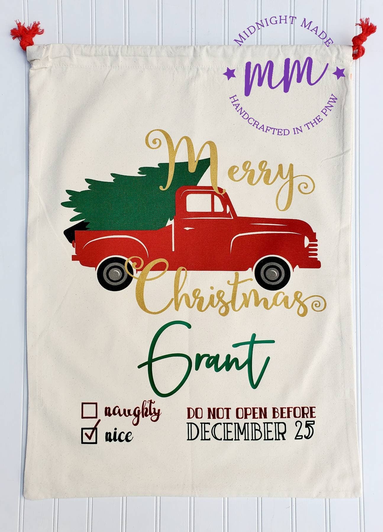 Personalized Canvas Santa Bag, Santa sack, Santa gift bag, nice naughty list, secret santa, red truck Christmas north pole Midnight Made