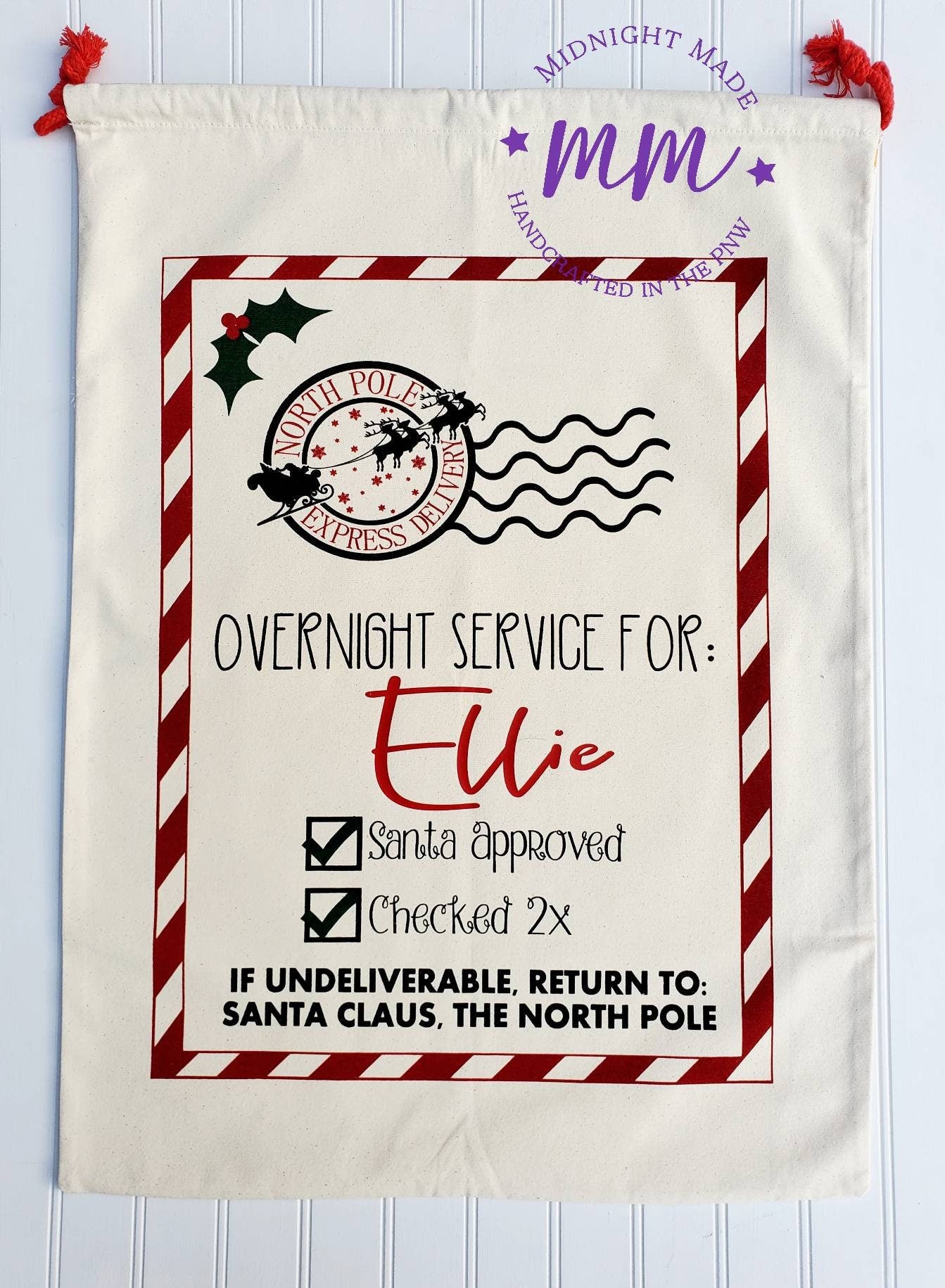 Personalized Canvas Santa Bag, Santa sack, Santa gift bag, nice list, Christmas secret santa, red truck north pole Midnight Made