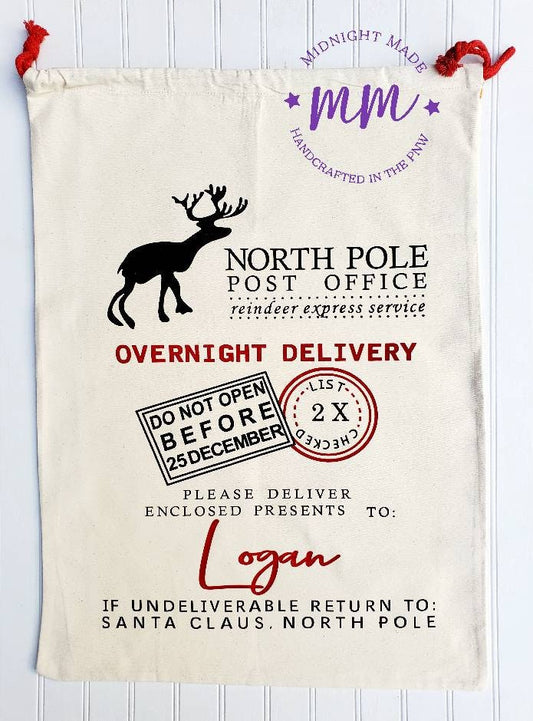 Personalized Canvas, Santa gift bag, nice list, naughty list, secret santa, red truck, north pole, Midnight Made Christmas