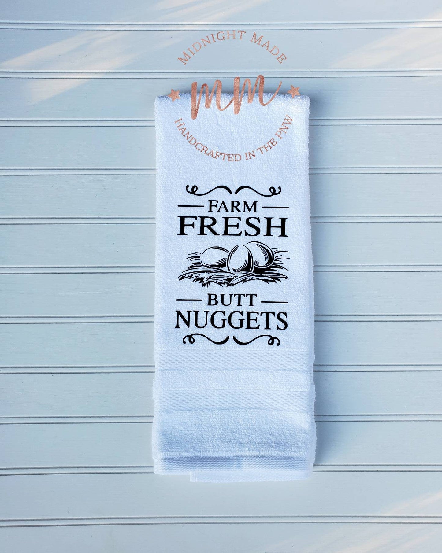 Farm fresh butt nuggets, chicken egg towel, kitchen towel, funny towel, novelty towel farmhouse towel, chicken decor towel Midnight Made