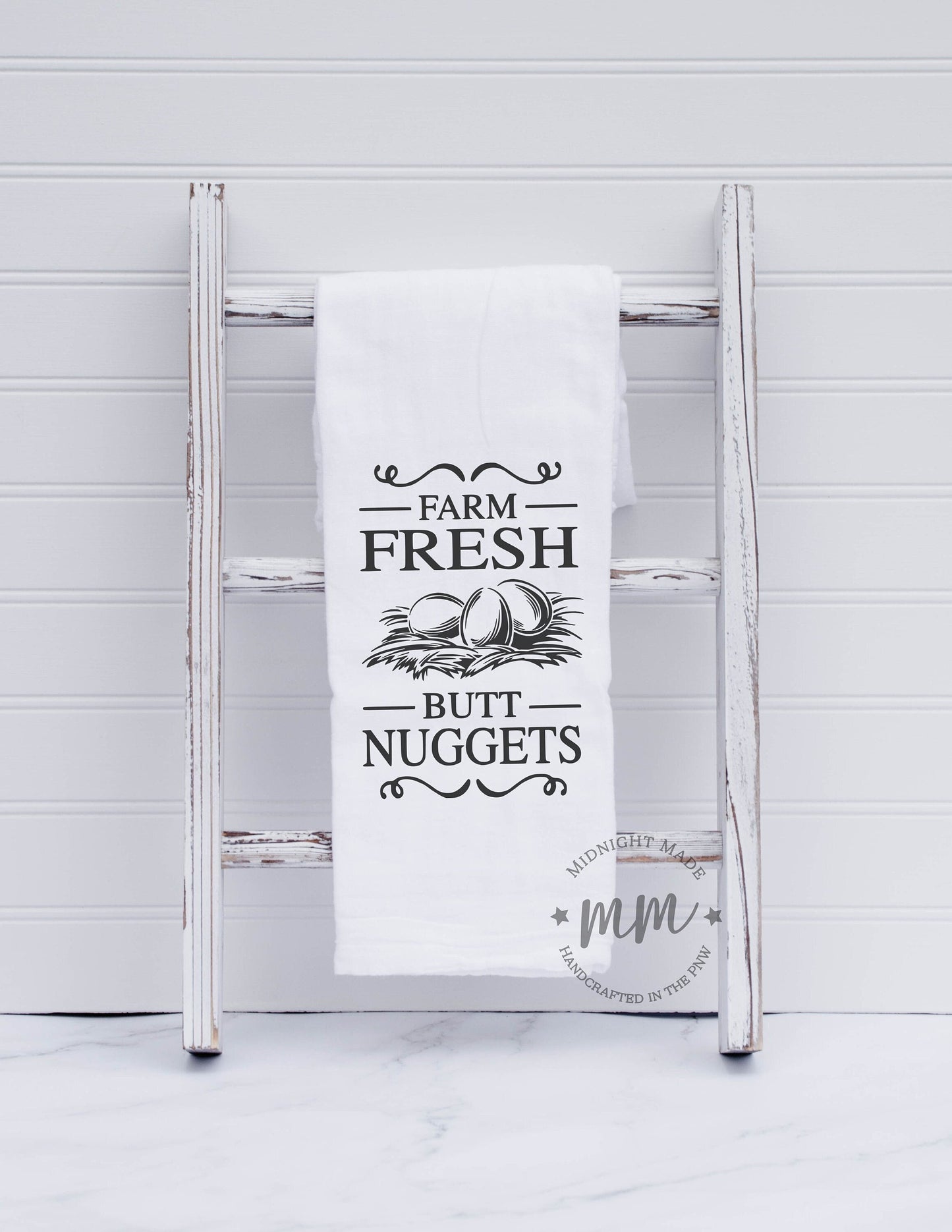 Farm fresh butt nuggets, chicken egg towel, kitchen towel, funny novelty farmhouse gift towel, chicken decor towel Midnight Made