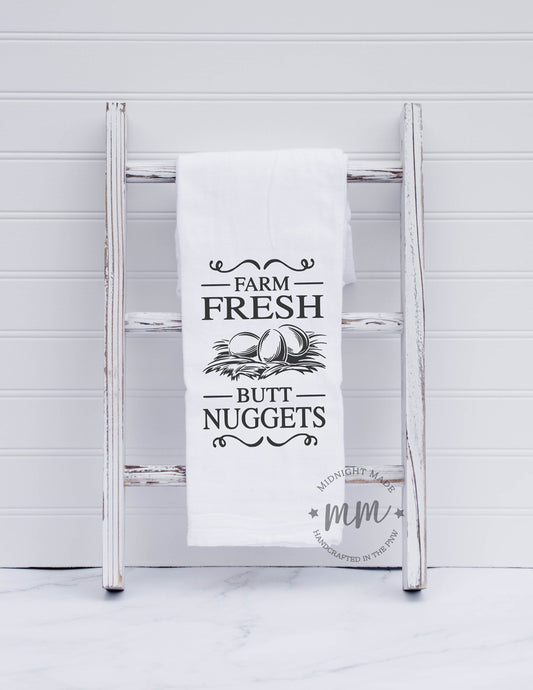 Farm fresh butt nuggets, chicken egg towel, kitchen towel, funny novelty farmhouse gift towel, chicken decor towel Midnight Made