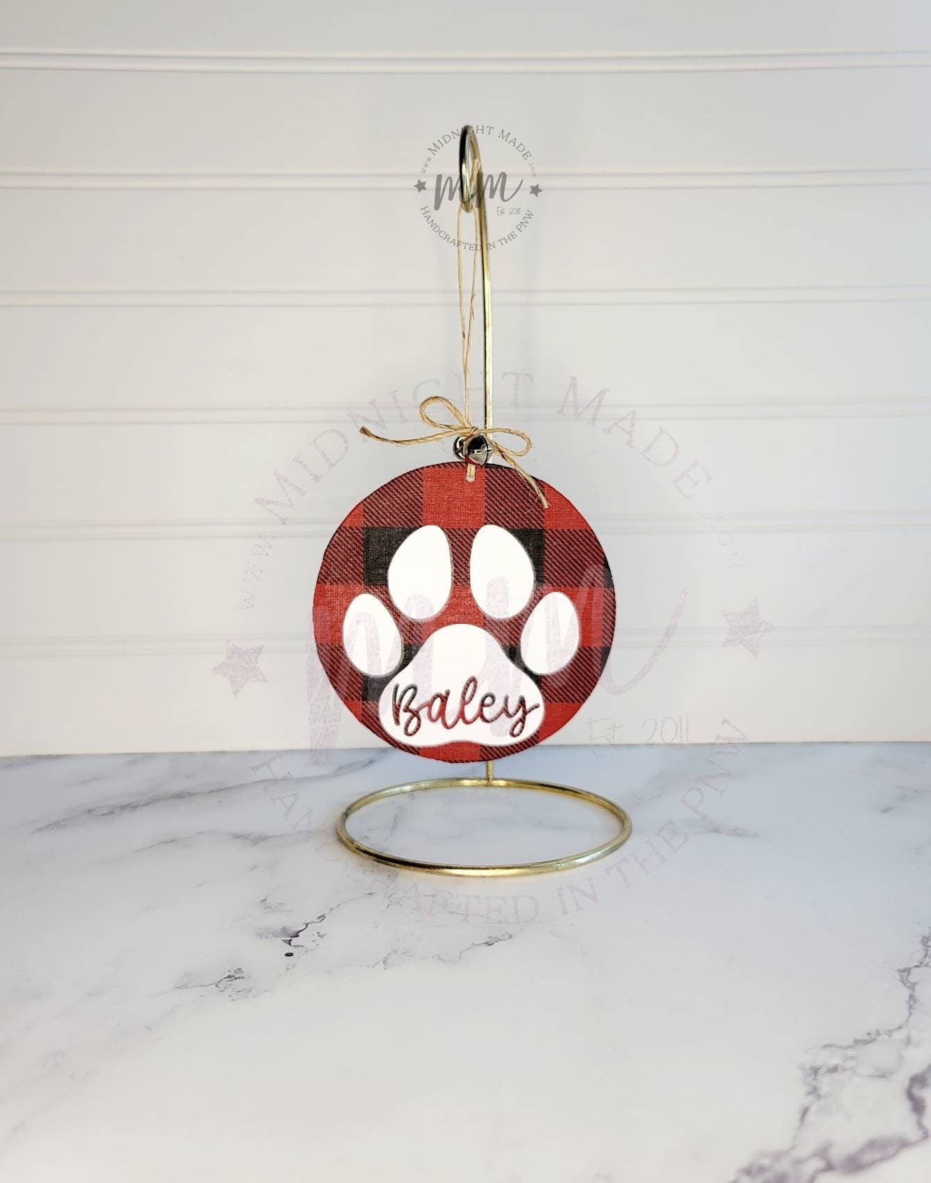 Custom Paw Print, Dog, Cat, Pet family ornament buffalo plaid Wood Christmas tree ornament Midnight Made