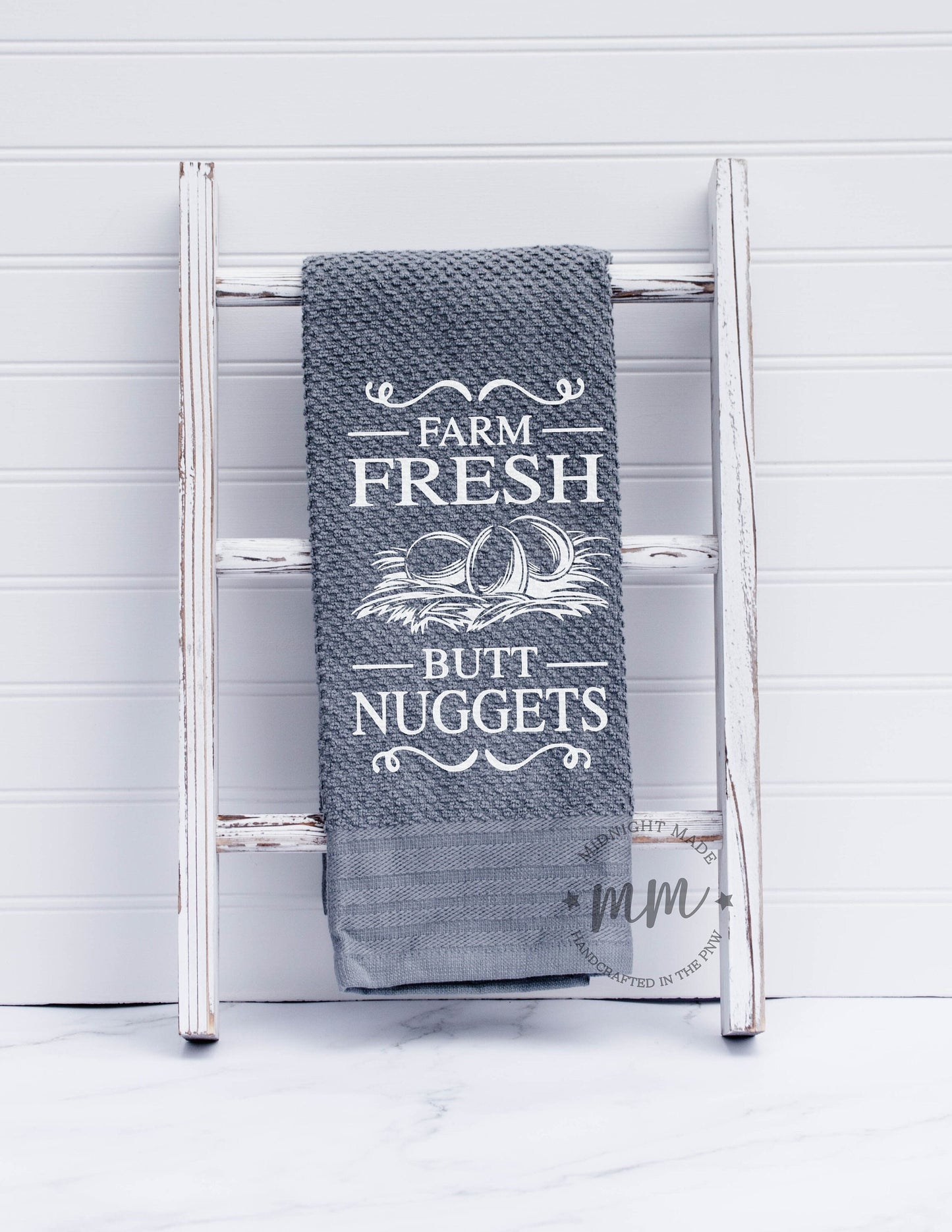 Farm fresh butt nuggets, chicken egg towel, kitchen towel, funny towel, novelty towel farmhouse towel, chicken decor towel Midnight Made