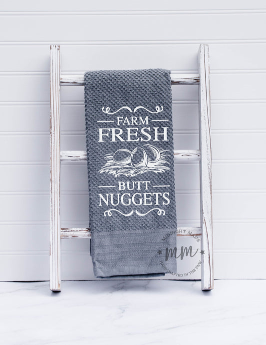 Farm fresh butt nuggets, chicken egg towel, kitchen towel, funny towel, novelty towel farmhouse towel, chicken decor towel Midnight Made