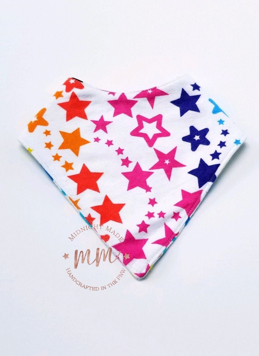 Double sided REVERSIBLE baby bandana bib, rainbow stars, rainbow hearts toddler children's Bib Midnight Made