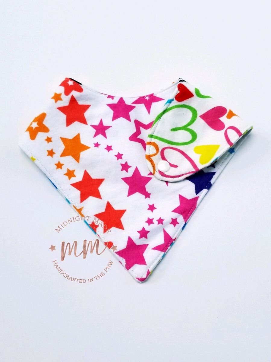 Double sided REVERSIBLE baby bandana bib, rainbow stars, rainbow hearts toddler children's Bib Midnight Made