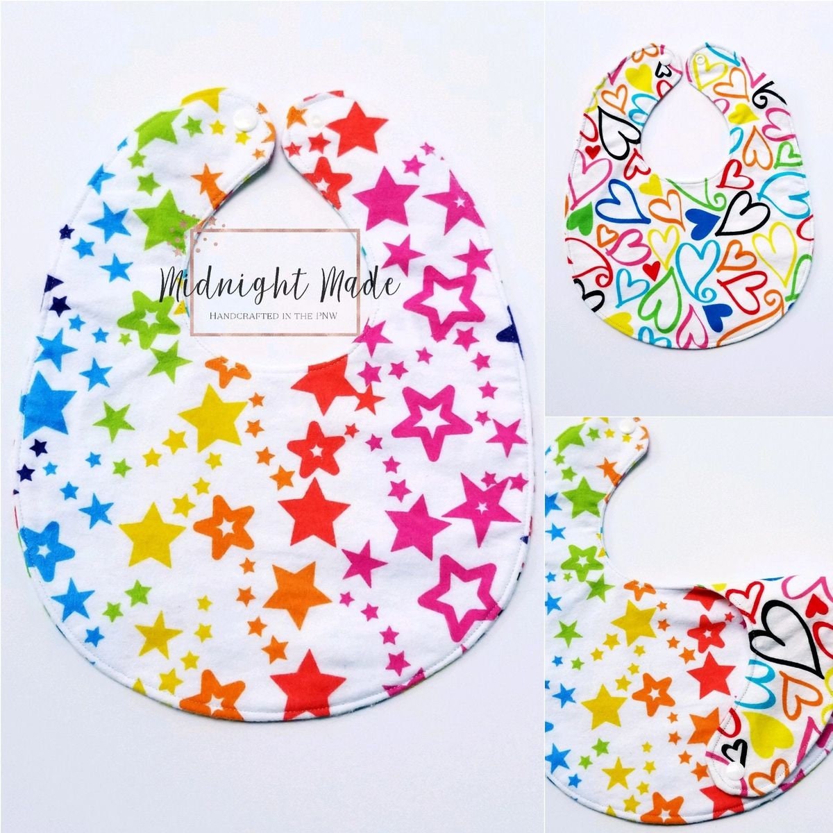 Double sided REVERSIBLE baby bib, rainbow stars, rainbow hearts toddler children's Bib Midnight Made