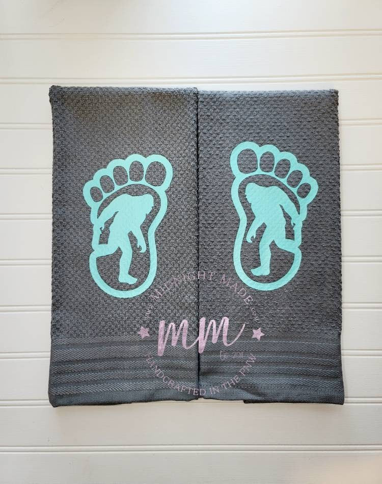 Bigfoot Sasquatch Yetty Yeti décor, funny kitchen towel décor Midnight Made gray pnw gift