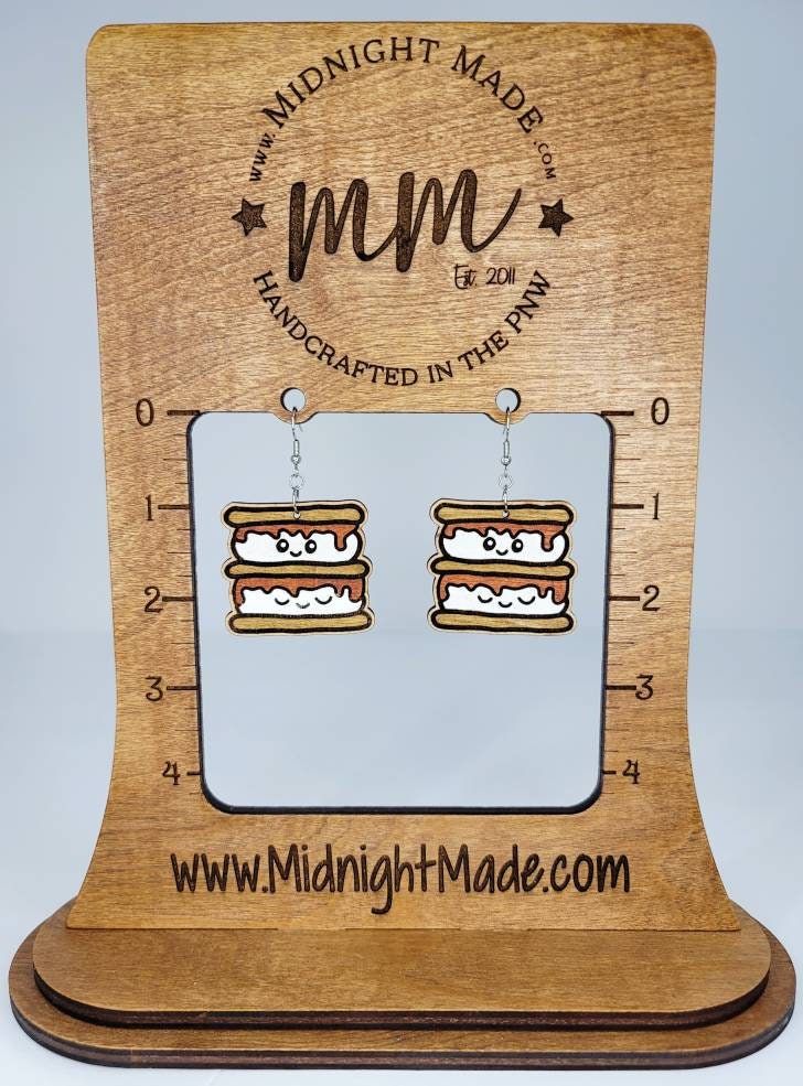 Smores marshmallow campfire  Camping Wood Dangle Earrings Midnight Made