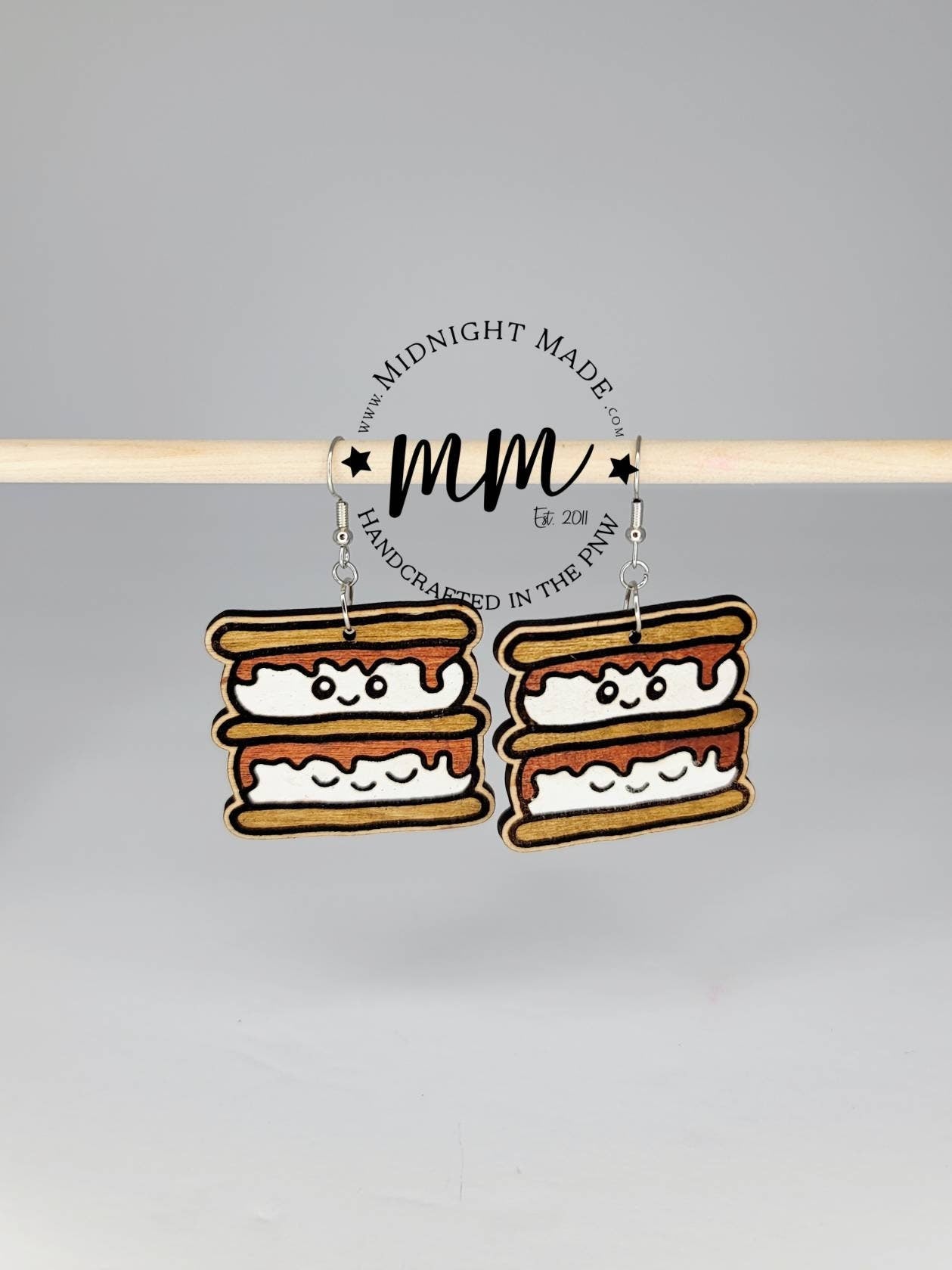 Smores marshmallow campfire  Camping Wood Dangle Earrings Midnight Made