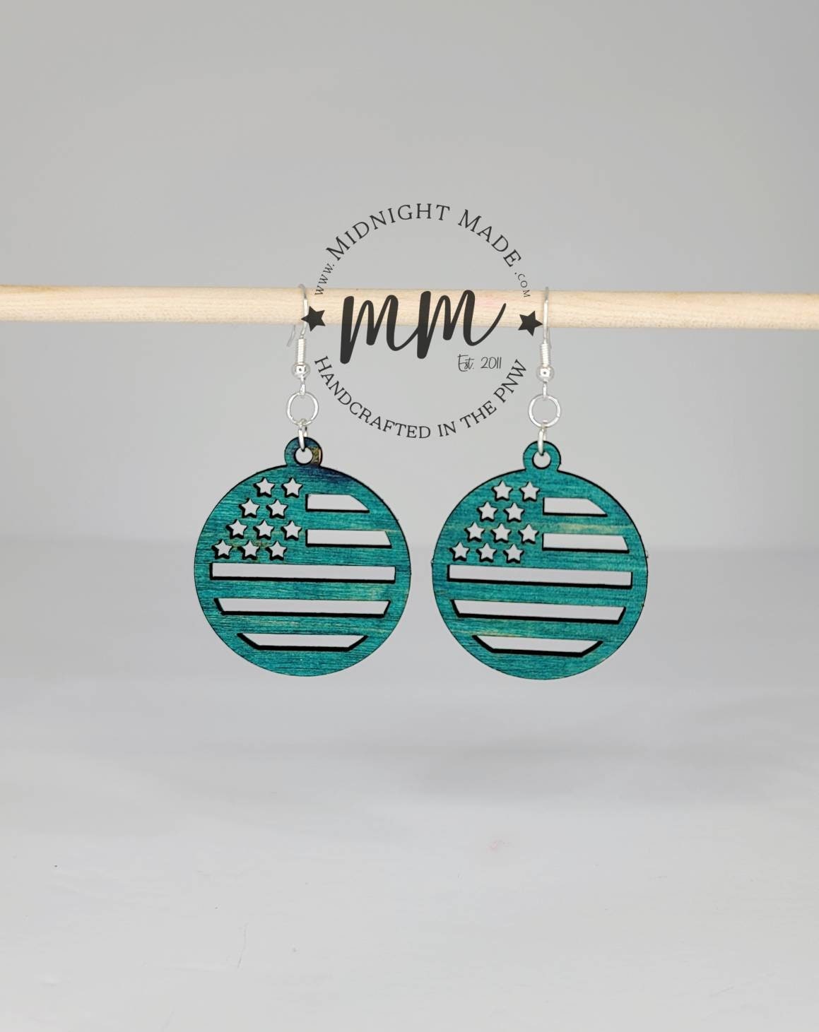 American flag 4th of July Wood hand painted dangle Earrings Midnight Made