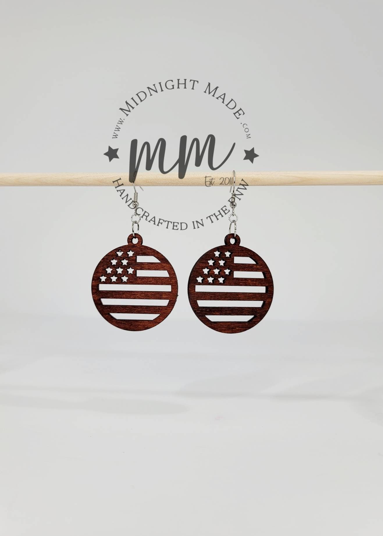 American flag 4th of July Wood hand painted dangle Earrings Midnight Made Independence