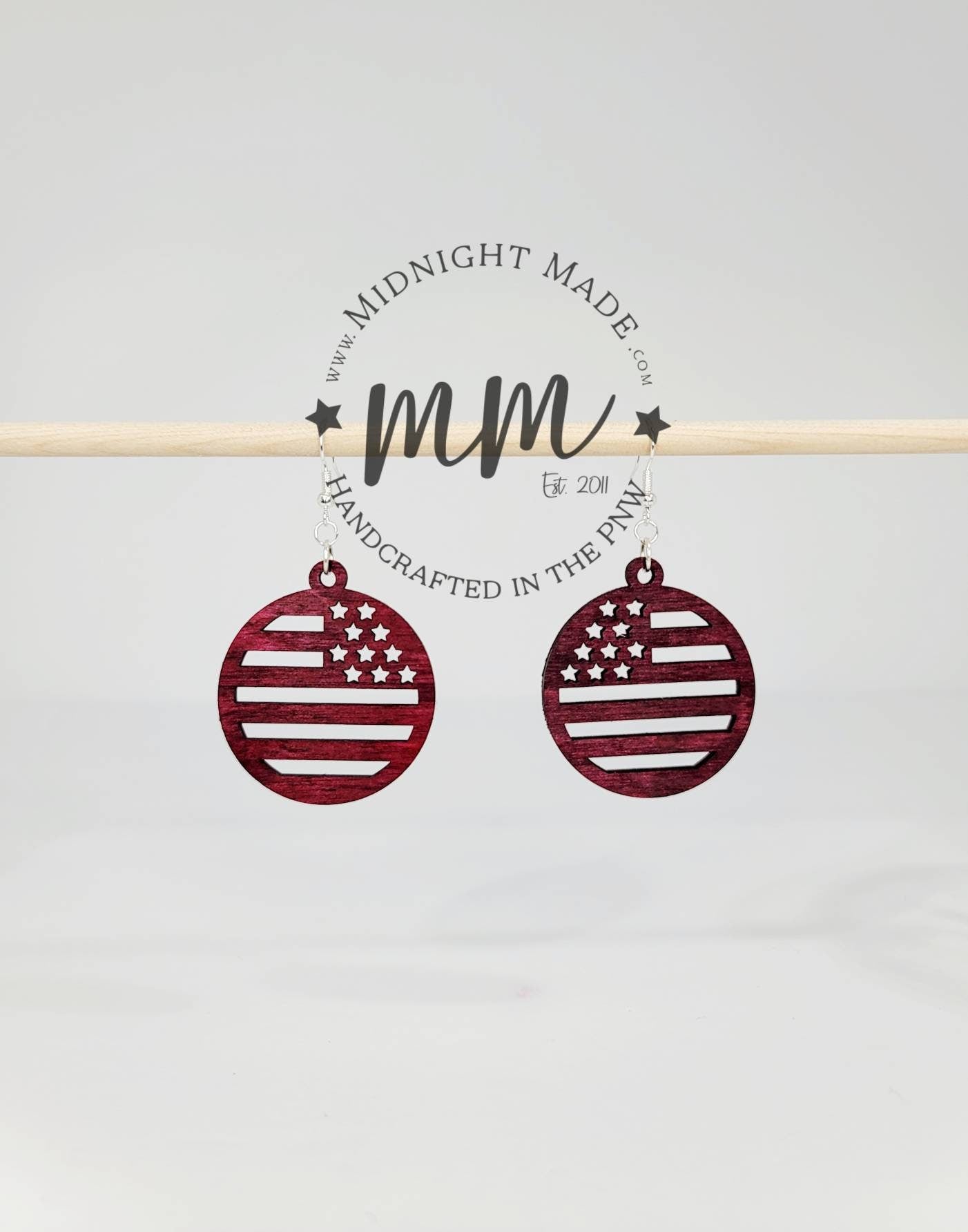 American flag 4th of July Wood hand painted dangle Earrings Midnight Made