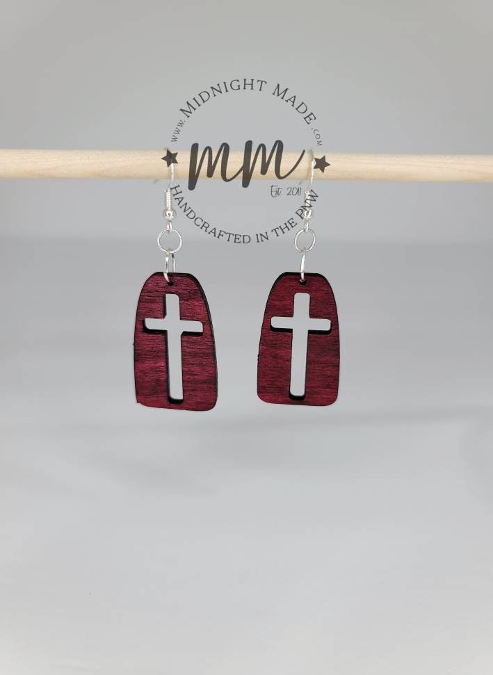 Cross silhouette wood negative space Earrings Midnight Made Christian