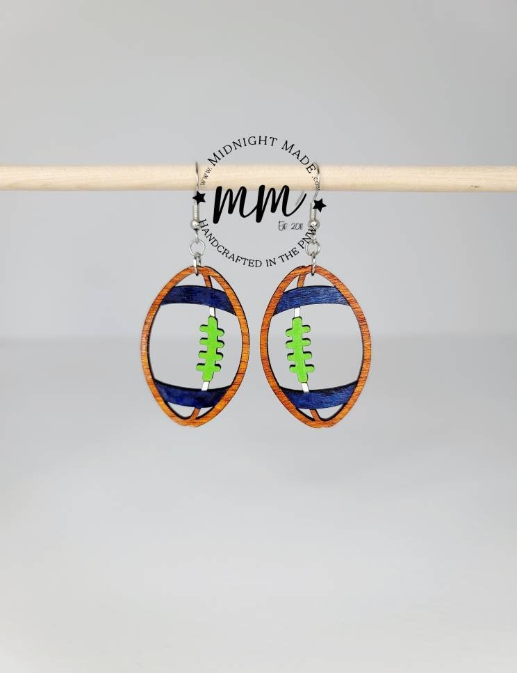 Football wood earrings NFL Midnight Made light weight seahawk earrings Seattle