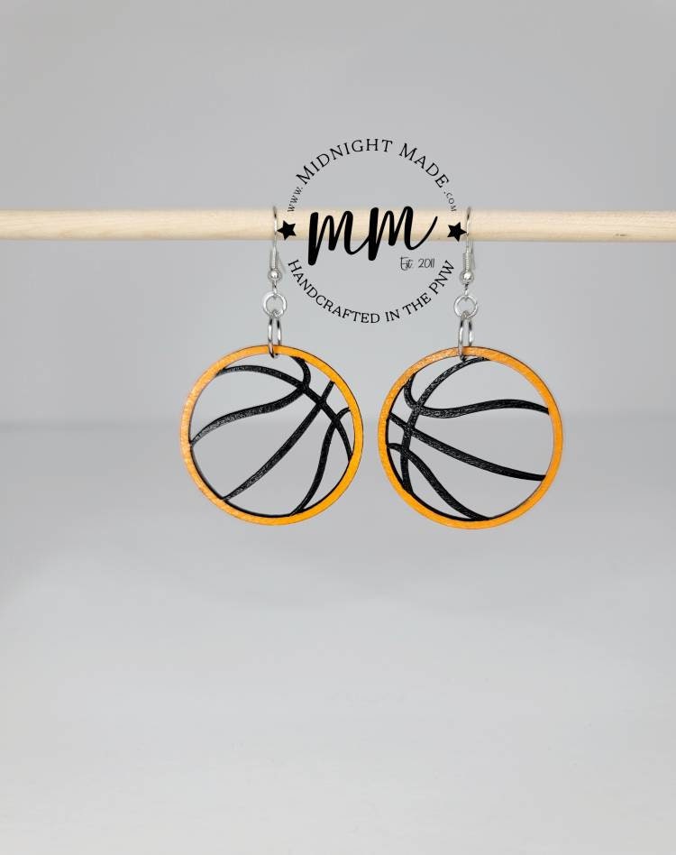 Wood basketball earrings NBA team spirit school team Midnight Made. Orange with black