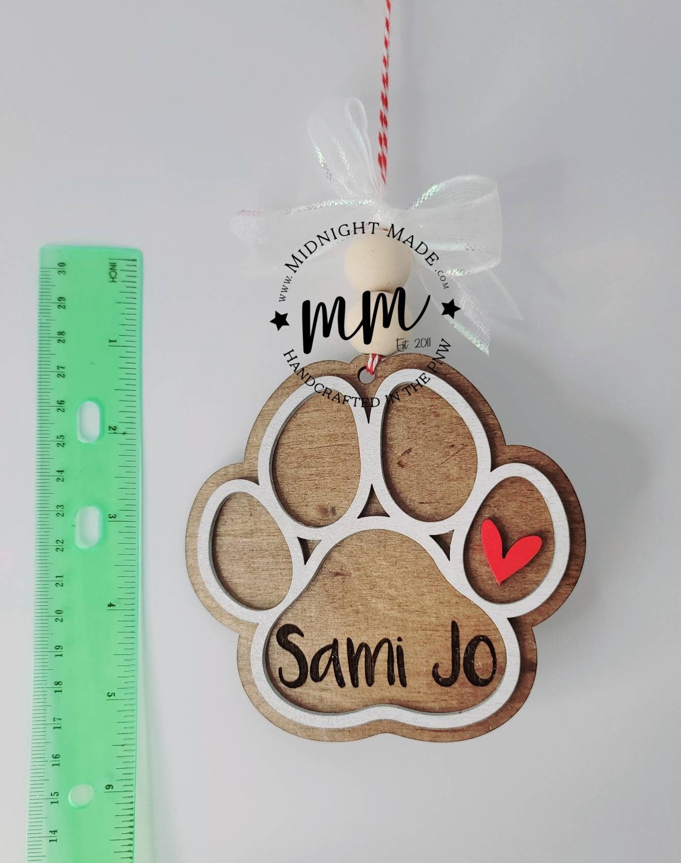 Personalized custom Paw Print, Dog, Cat, Pet family ornament Wood Christmas tree ornament Midnight Made