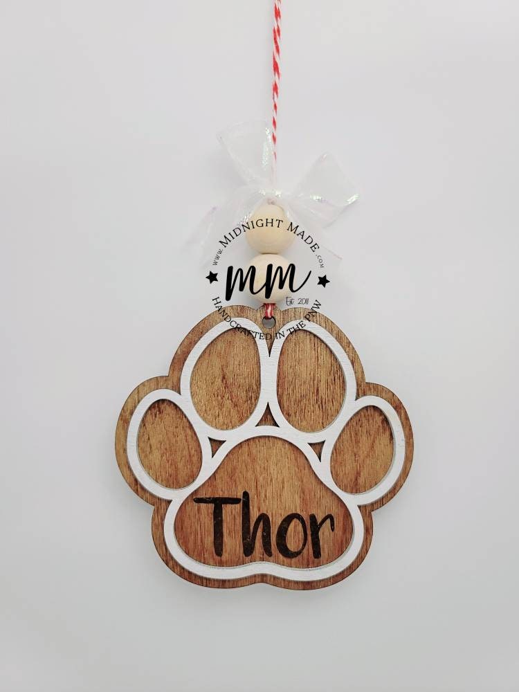 Personalized custom Paw Print, Dog, Cat, Pet family ornament Wood Christmas tree ornament Midnight Made