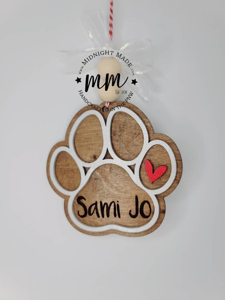 Personalized custom Paw Print, Dog, Cat, Pet family ornament Wood Christmas tree ornament Midnight Made