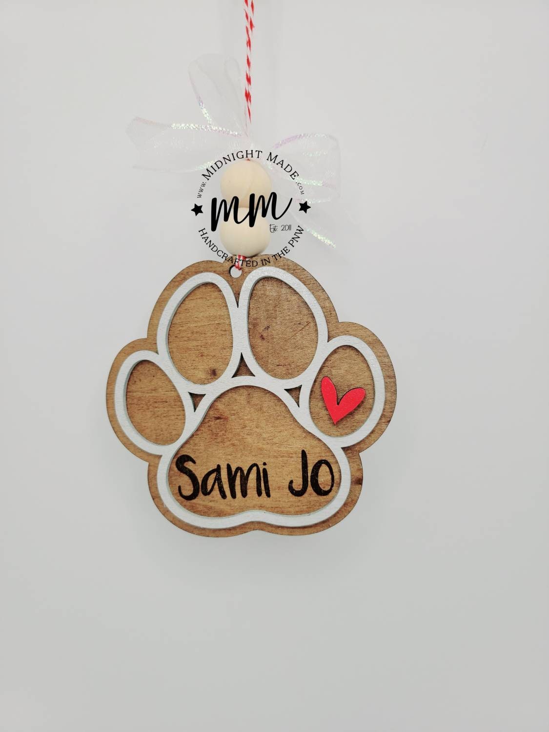 Personalized custom Paw Print, Dog, Cat, Pet family ornament Wood Christmas tree ornament Midnight Made