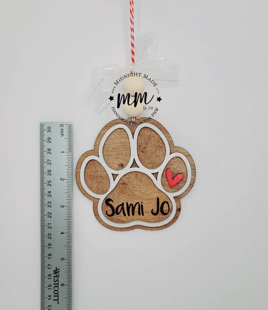 Personalized custom Paw Print, Dog, Cat, Pet family ornament Wood Christmas tree ornament Midnight Made