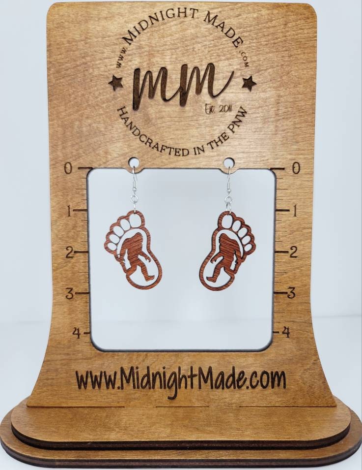 Bigfoot Footprint Wood dangle drop earrings lightweight