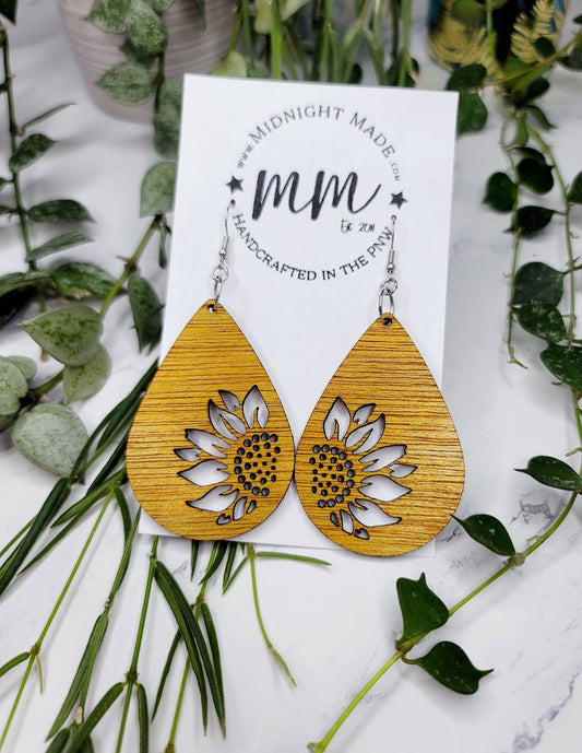 Wood Sunflower Summer Dangle golden yellow Sunflower Earrings Midnight Made wood