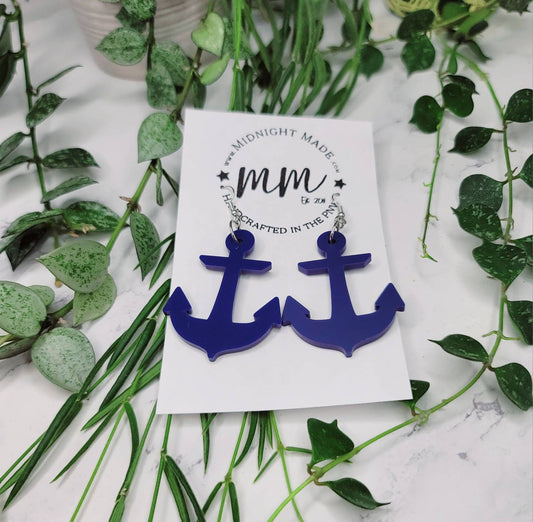 Anchor shape nautical marine earrings. Lightweight cute drop dangle earring. Navy. Midnight Made