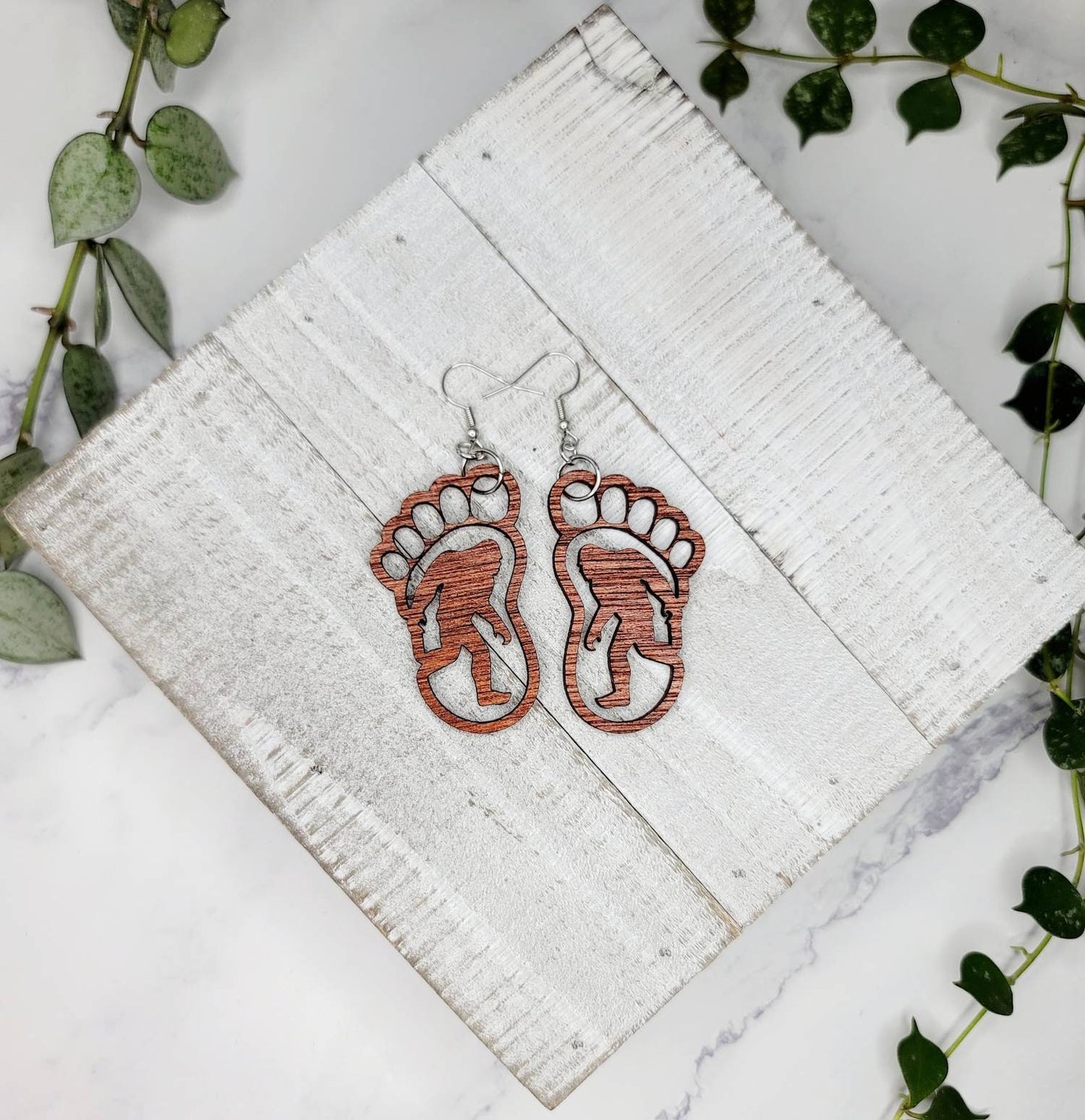 Bigfoot Footprint Wood dangle drop earrings lightweight