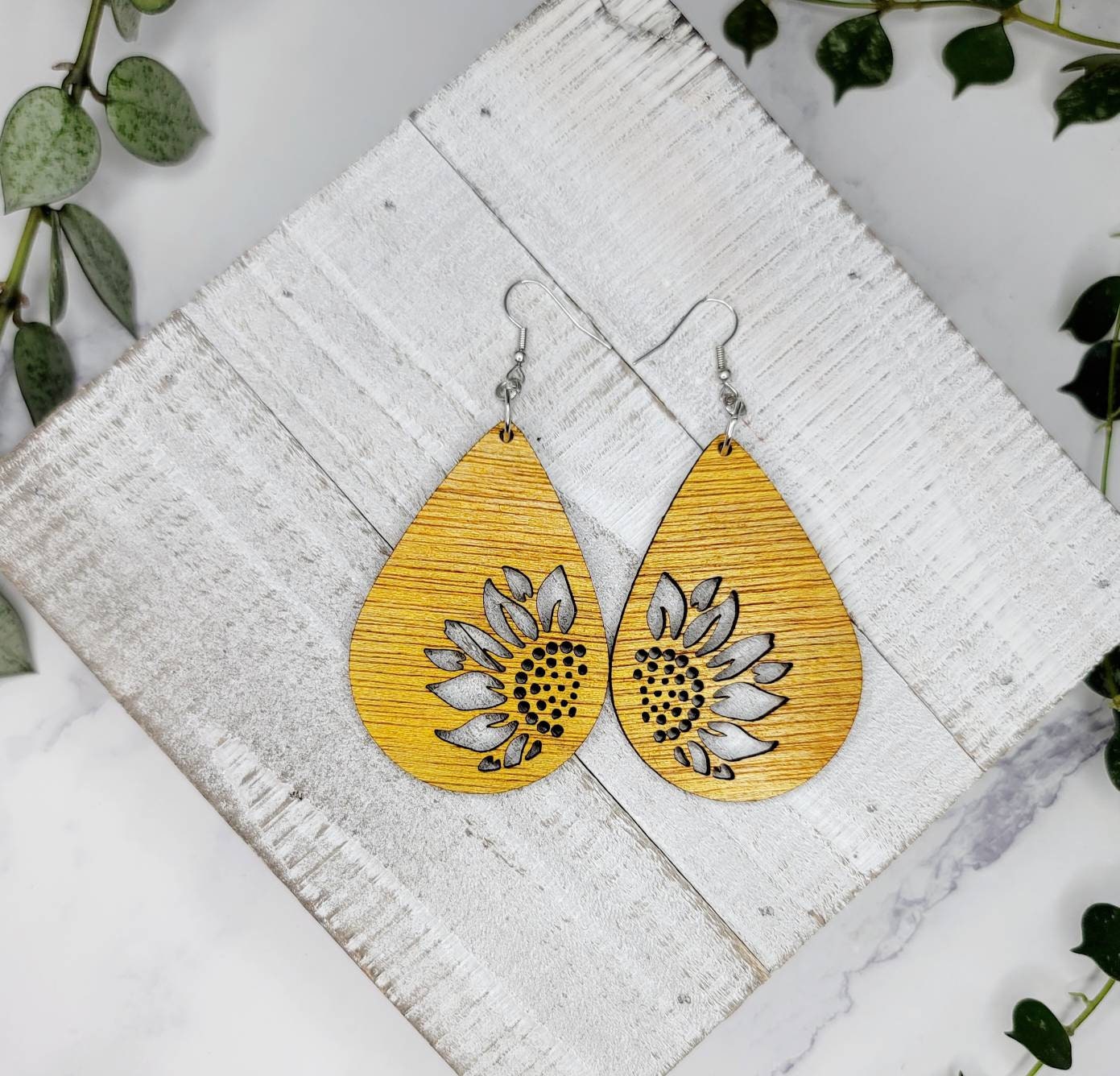 Wood Sunflower Summer Dangle golden yellow Sunflower Earrings Midnight Made wood