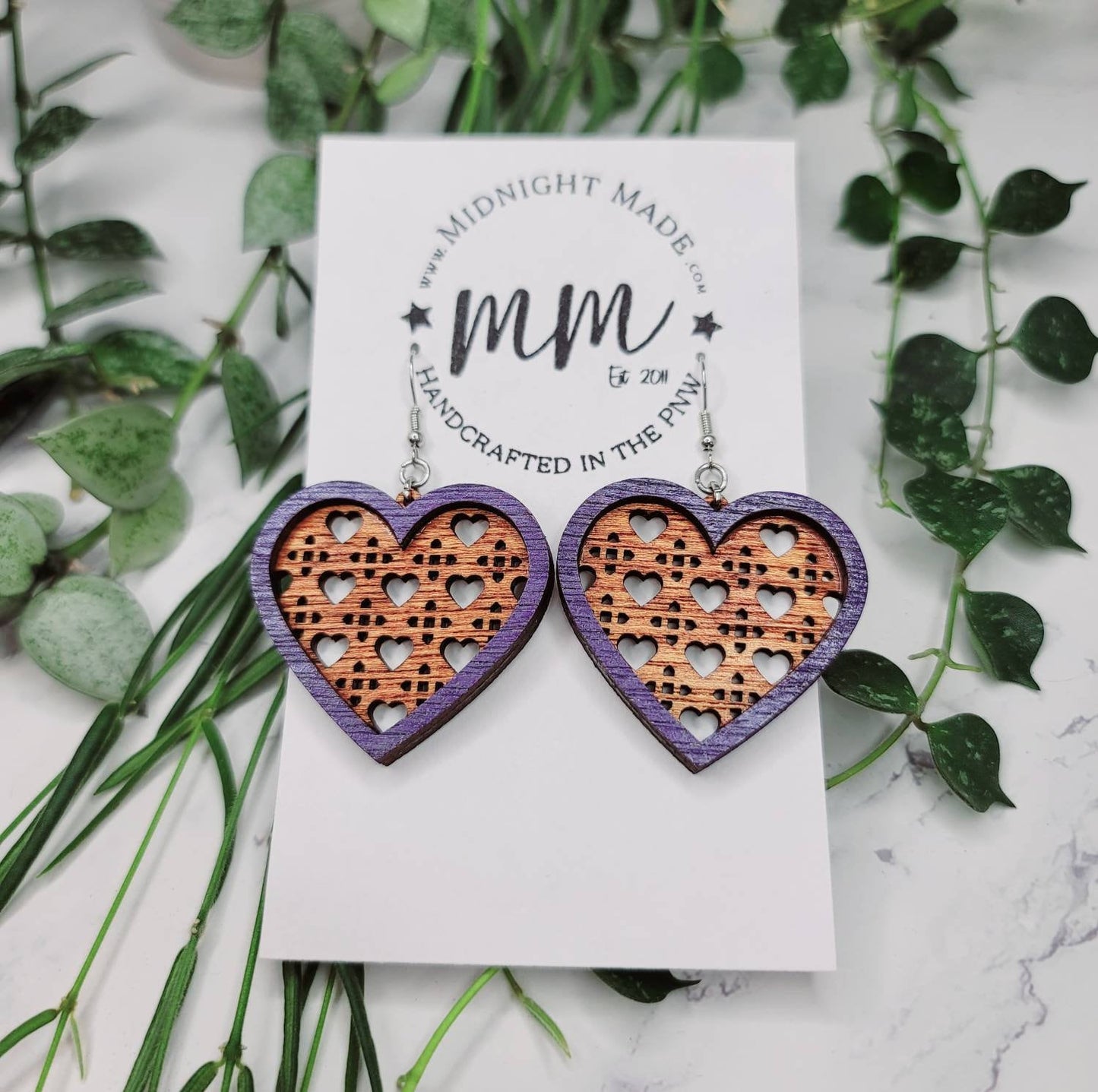 Heart shape rattan earrings. Lightweight wood cute drop dangle earring. Midnight Made Purple