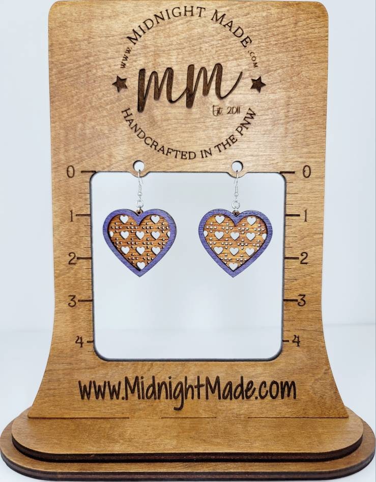 Heart shape rattan earrings. Lightweight wood cute drop dangle earring. Midnight Made Purple