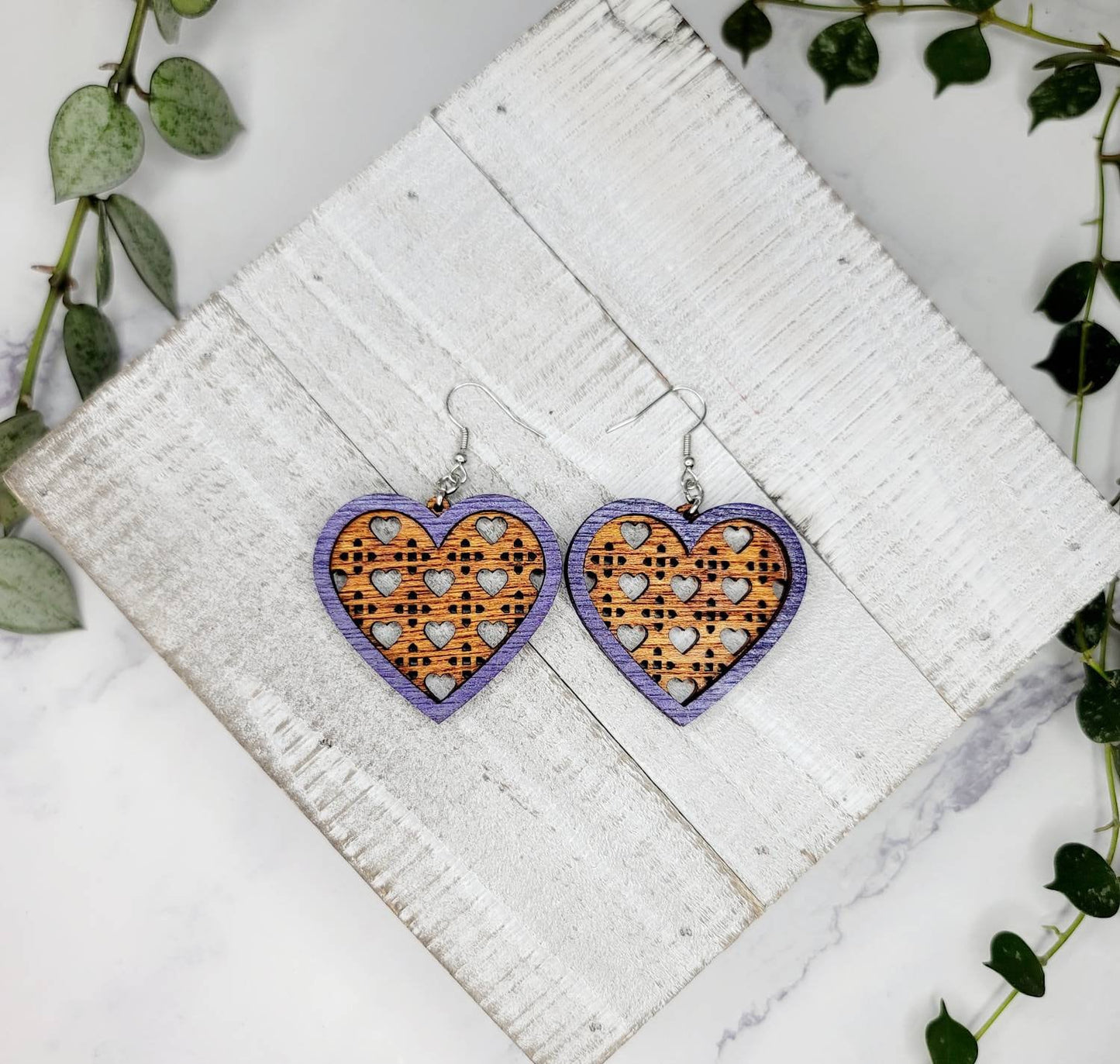 Heart shape rattan earrings. Lightweight wood cute drop dangle earring. Midnight Made Purple