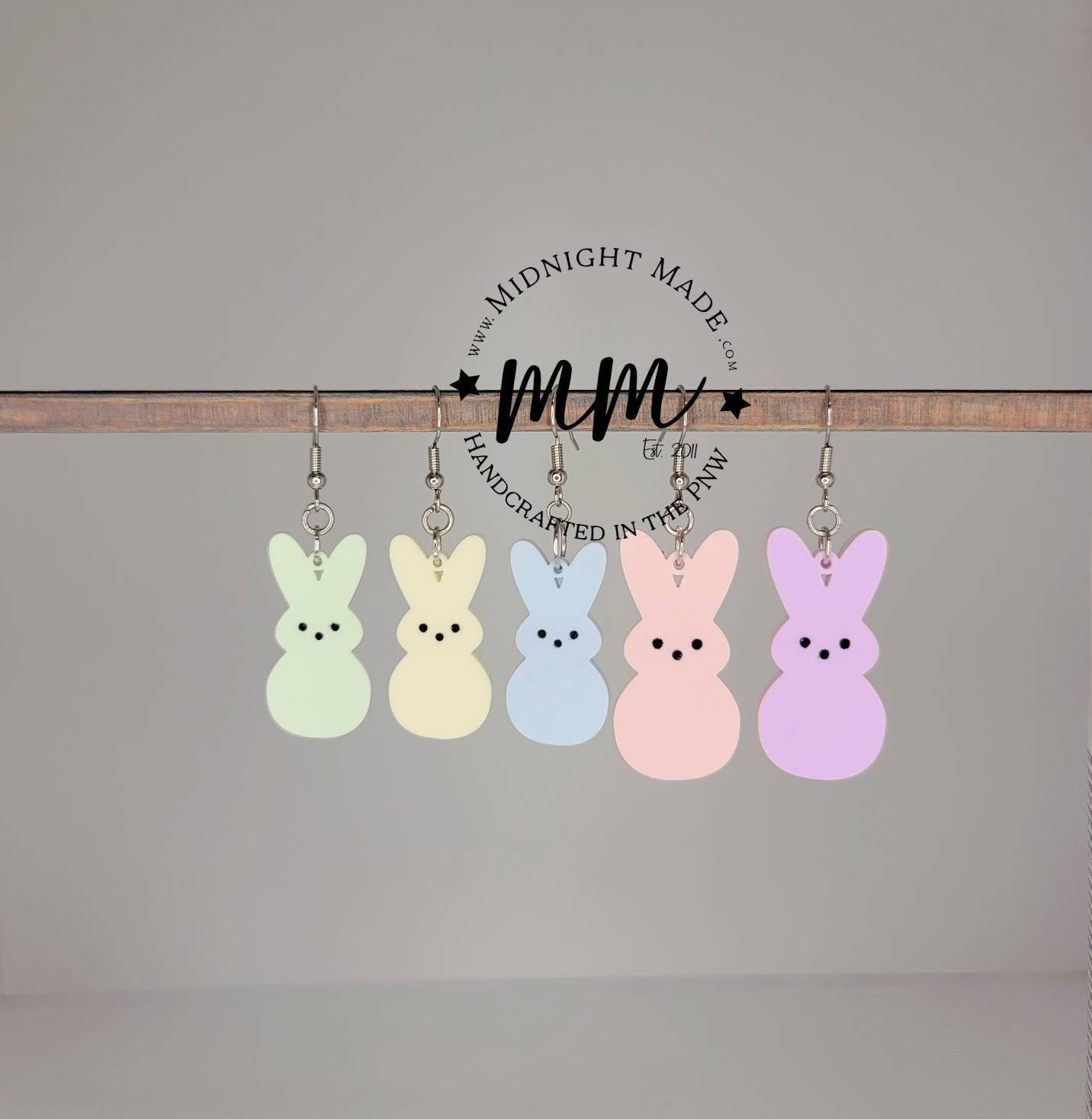 Peep Easter Earrings. Marshmallow bunny drop dangle earrings. Midnight Made