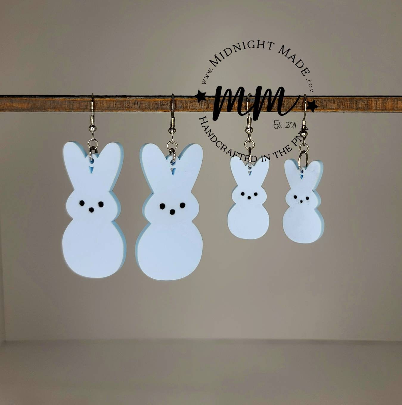 Mommy and Me Easter Earrings. Marshmallow Peep bunny Spring drop dangle earrings. Midnight Made. Blue bunnies