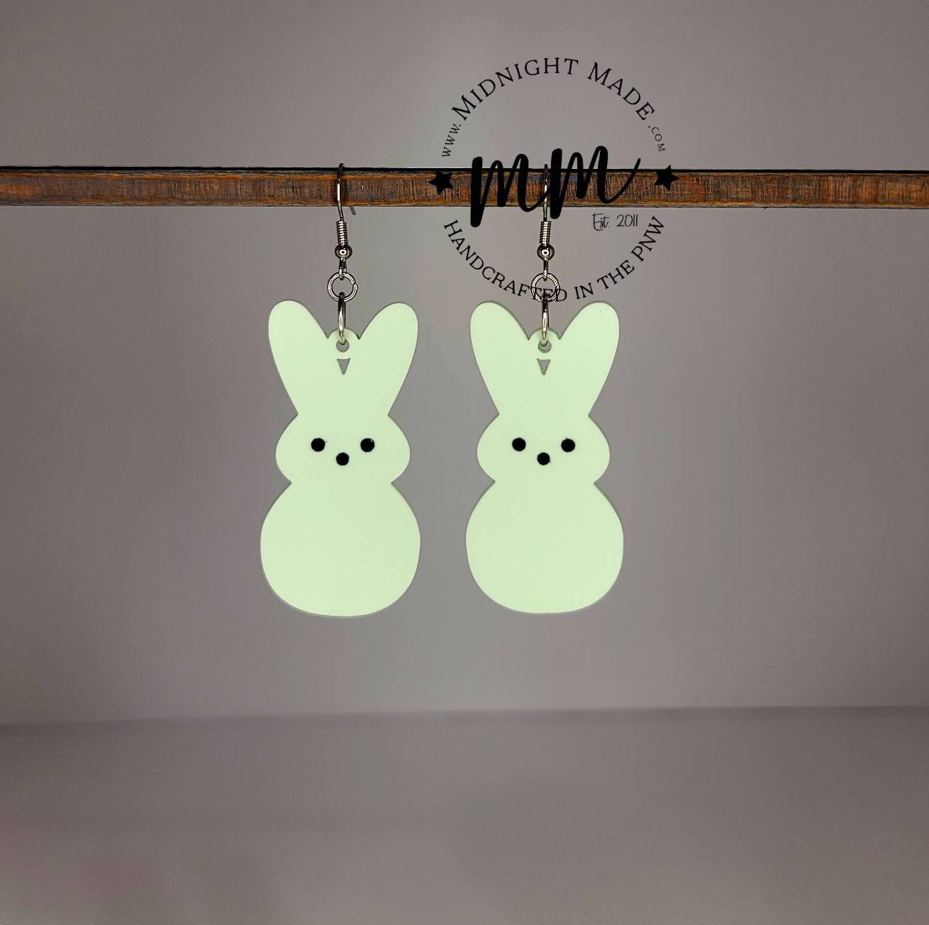 Mommy and Me Easter Earrings. Marshmallow Peep bunny Spring drop dangle earrings. Midnight Made. Green Bunnies